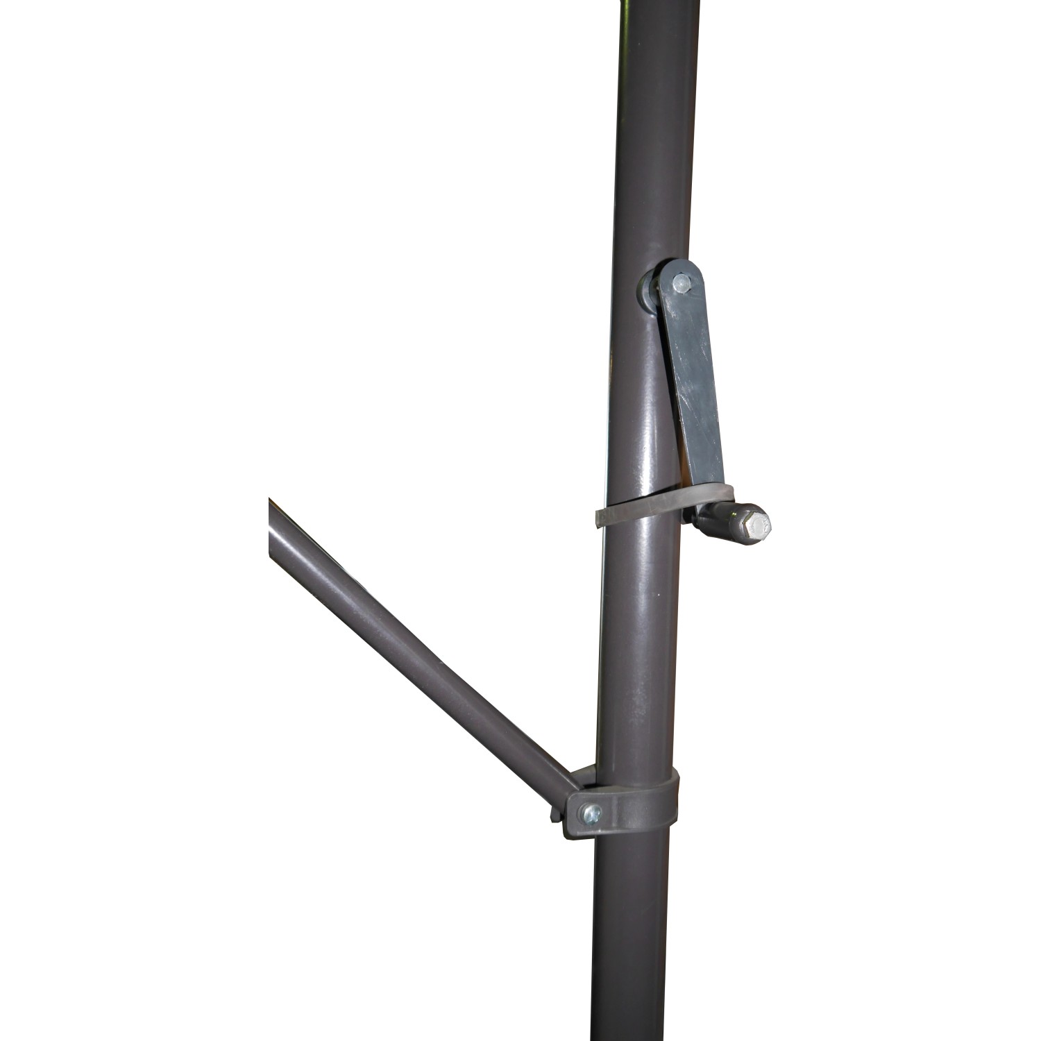 Detailaufnahme: Braunes Gestell der Angerer Klemmmarkise Style Taupe mit Kurbel.