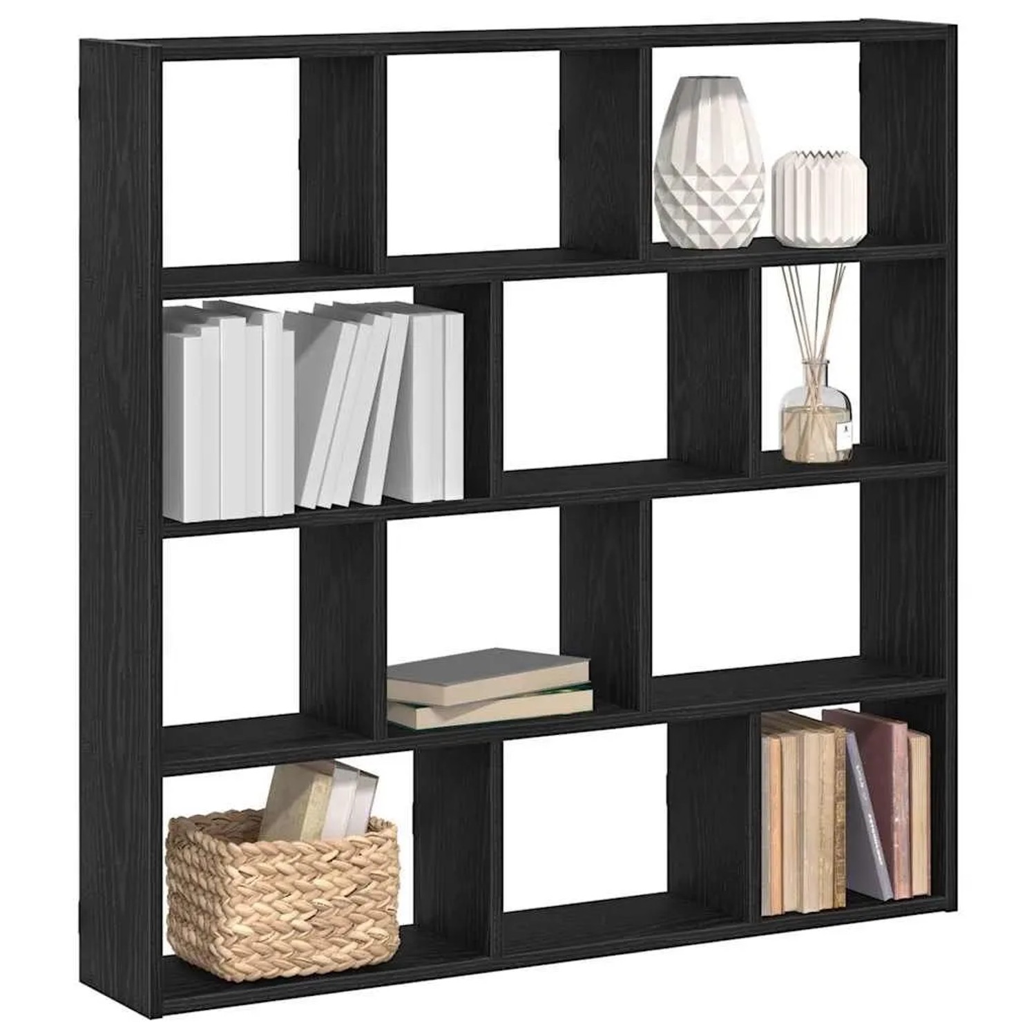 Schwarzes vidaXL Würfelregal mit 12 Fächern aus Holzwerkstoff, ideal zur Aufbewahrung und Dekoration.