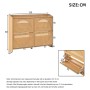 Schmaler Schuhschrank 120x24x90 cm in Naturholzoptik mit 4 Klapptüren im Rattan-Stil. Bietet 8 Fächer für Schuhe.