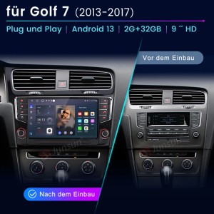 Junsun 9" Autoradio mit Touchscreen im VW Golf 7 Armaturenbrett, Vergleich vor und nach dem Einbau. Plug & Play Autoelektrik.