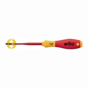 Wiha Slimfix Schraubendreher für Schlitzschrauben, rot-gelb, isolierte Klinge für sichere Elektroarbeiten.