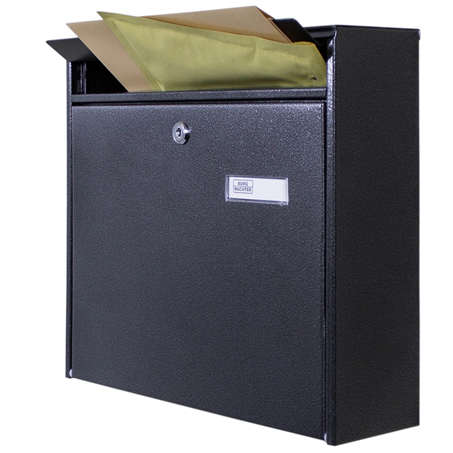Schwarzer Burg-Wächter Doppelbriefkasten aus Stahl mit Post, inkl. Montagematerial und Namensschild.