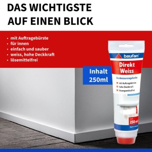 Baufan Direkt-Weiss Ausbesserungsfarbe 250ml Tube mit integrierter Bürste vor weißer Wand. Weiße Wandfarbe.