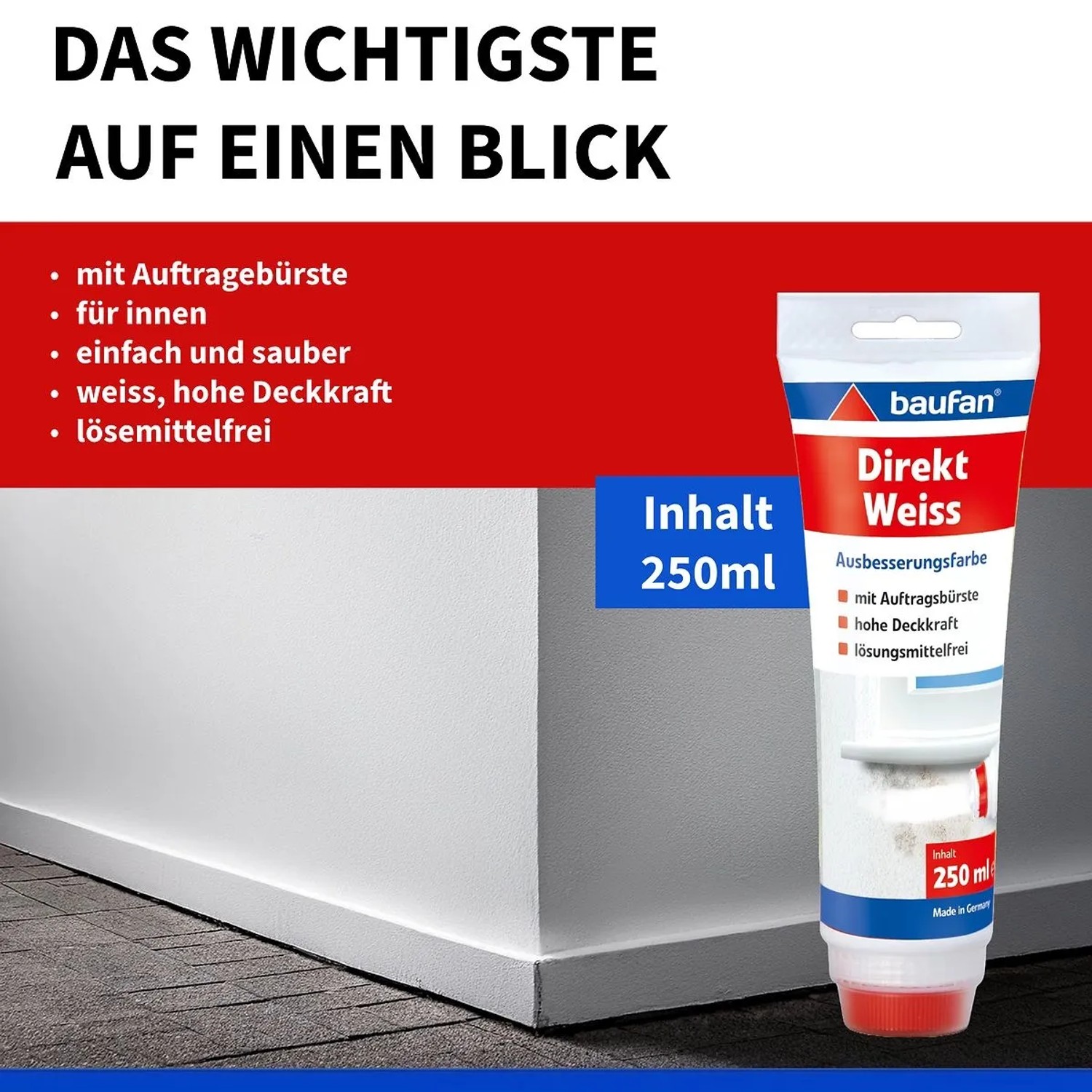 baufan® Wandfarbe Ausbesserungsfarbe, Weiß mit Auftragsbürste 250 ml