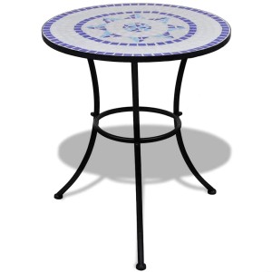 Blau-weißer Bistrotisch mit Mosaikmuster, 60 cm Durchmesser, ideal für Balkon und Garten.