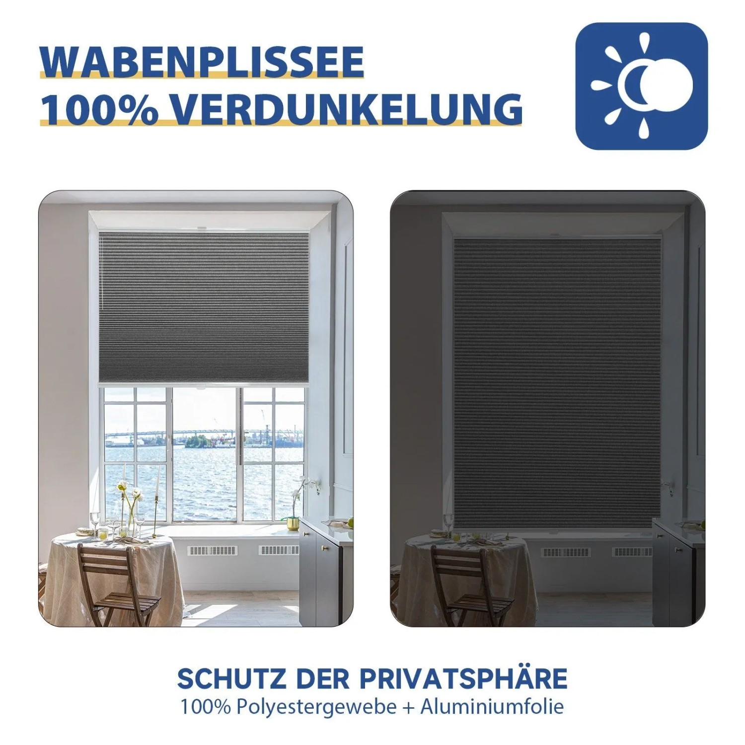 Sekey Wabenplissee, dunkelgrau, 80x100cm, verdunkelnd. Montage ohne Bohren, flexible Höhenanpassung.