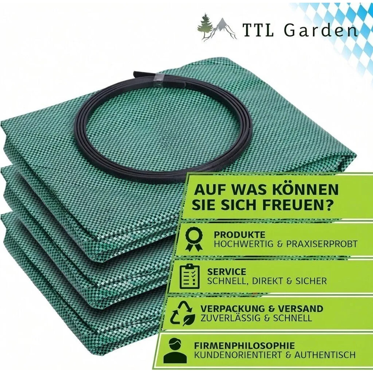 Drei grüne, gefaltete TTL GARDEN Gartensäcke (272 L) mit schwarzem Stabilisierungsring. Ideal für Laub, Gras und Gartenabfall.