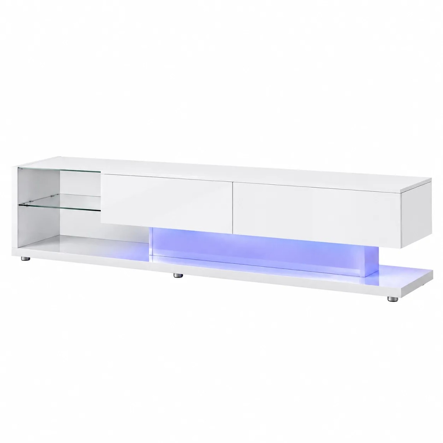 PXloue TV-Schrank Lowboard  Hochglanz Weiss mit LED Beleuchtung und Glasböden 170 x 36 x 38 cm