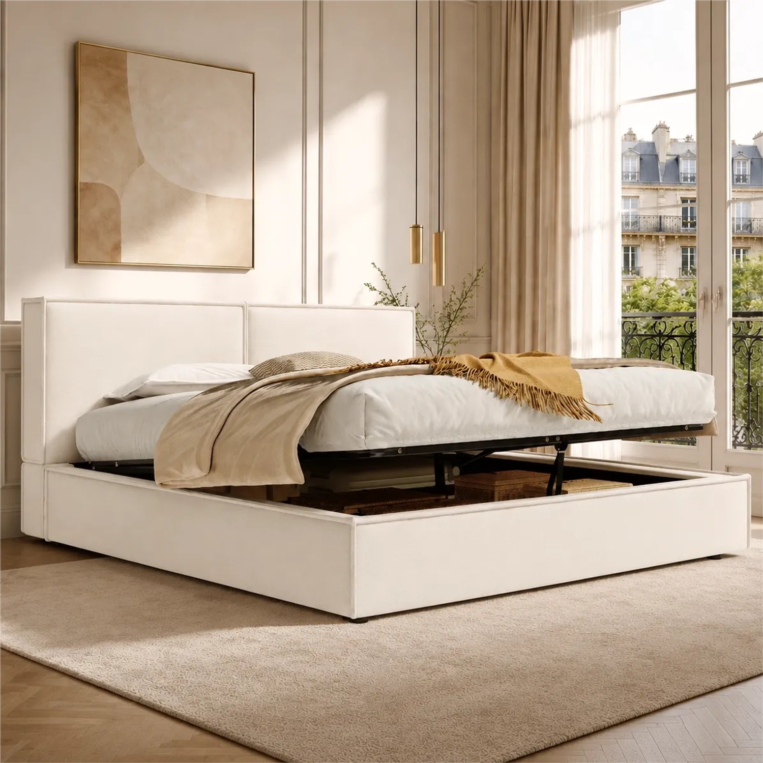 Merax Polsterbett 180 x 200 cm mit Stauraum Lattenrost Leinen Beige
