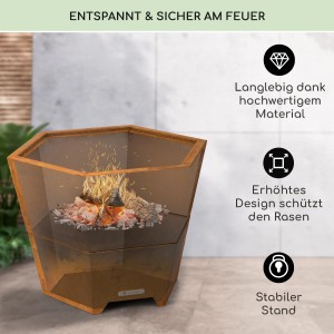Blumfeldt Hekla Feuerschale mit Grillfunktion, sechseckig, aus Stahl mit Rostoptik und Feuer.