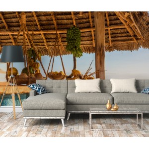 Fototapete Strandbar mit gelben, blauen und braunen Farbtönen, 3,50 m x 2,55 m, FSC®-zertifiziert.