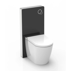 Glasdeals Sanitärmodul mit schwarzer Glasfront und Stand-WC. Elegantes Design für moderne Toiletten.
