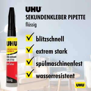 Uhu Sekundenkleber Blitzschnell Pipette, 10g, flüssig, mit Dosierspitze.