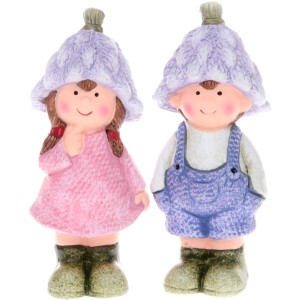 Gartenfiguren Lavendelkinder, 2-fach sortiert, Junge und Mädchen aus Terrakotta, mehrfarbig.