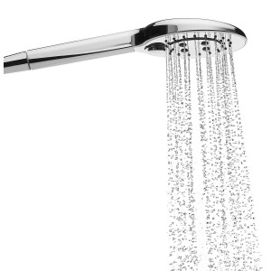 Sturotec Handbrause, rund, Chrom, mit 3 Strahlarten und Wasserstrahl im Betrieb.