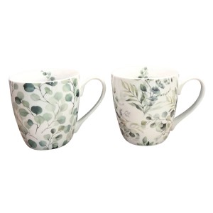 Zwei Jumbobecher Eukana von Boltze, Geschirr mit Eukalyptus-Motiv in Grün- und Weißtönen.