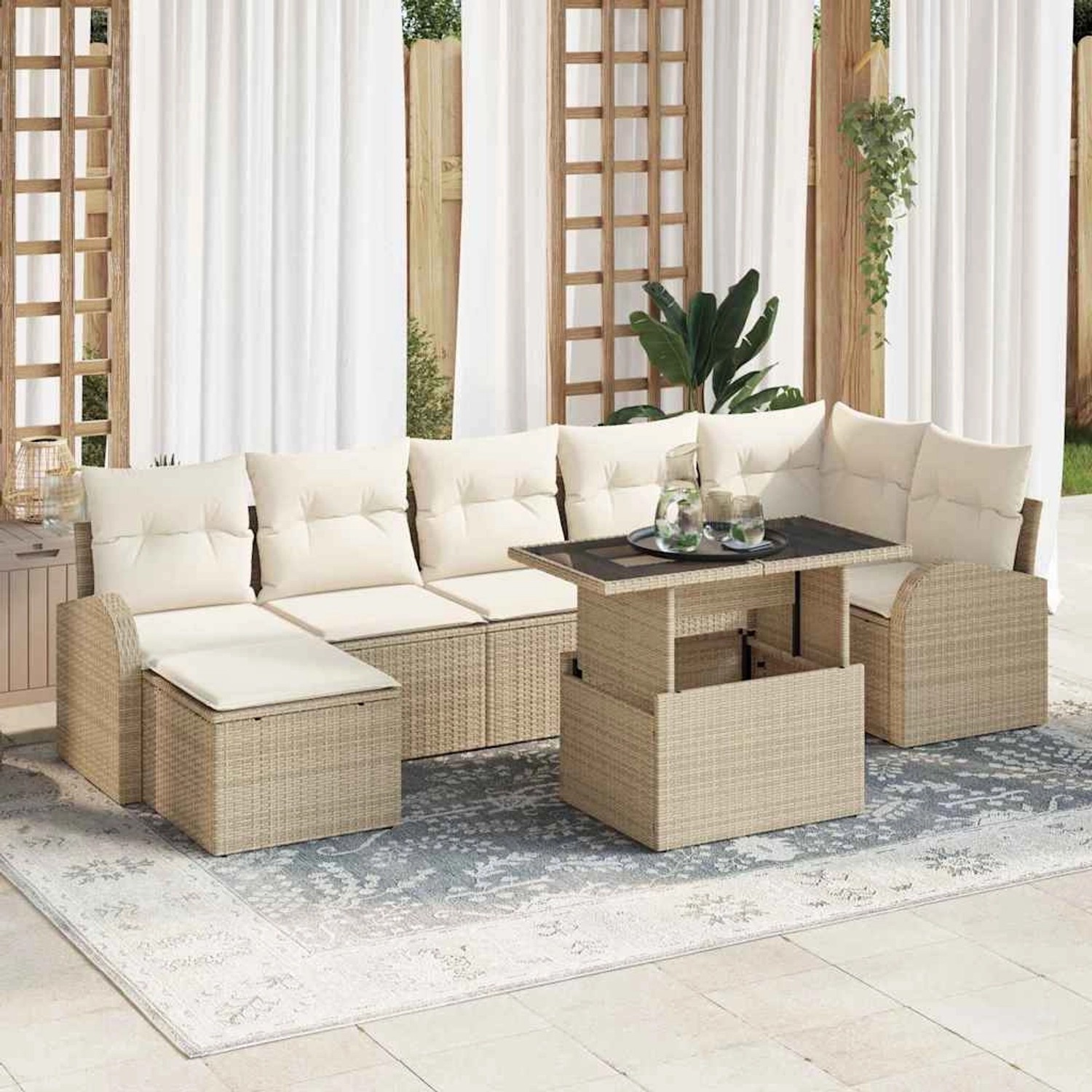 Beiges 8-teiliges vidaXL Garten-Sofa-Set mit Tisch und Hocker aus Poly Rattan.
