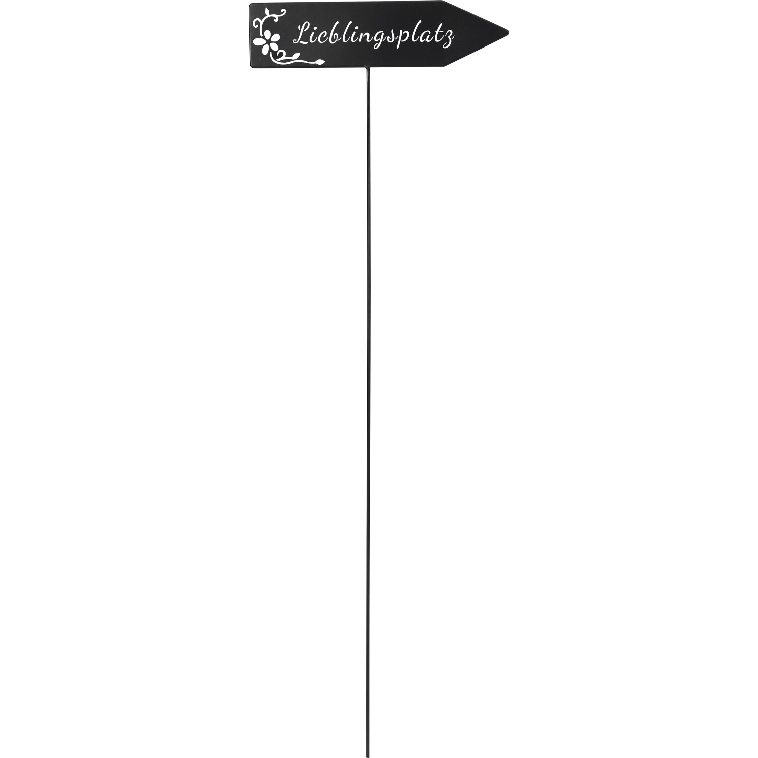 Schwarzer Gartenstecker Wegweiser "Lieblingsplatz" mit Blumenranke, 115 cm hoch.