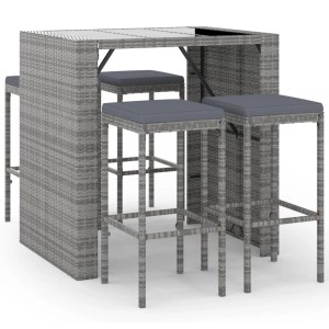 Graues 5-tlg. vidaXL Gartenbar-Set aus Polyrattan mit Tisch, 4 Hockern und Kissen.