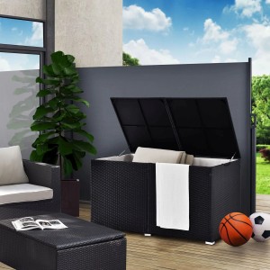 Schwarze Juskys Polyrattan Auflagenbox Ikaria (950L) mit Innenplane für Gartenmöbel.