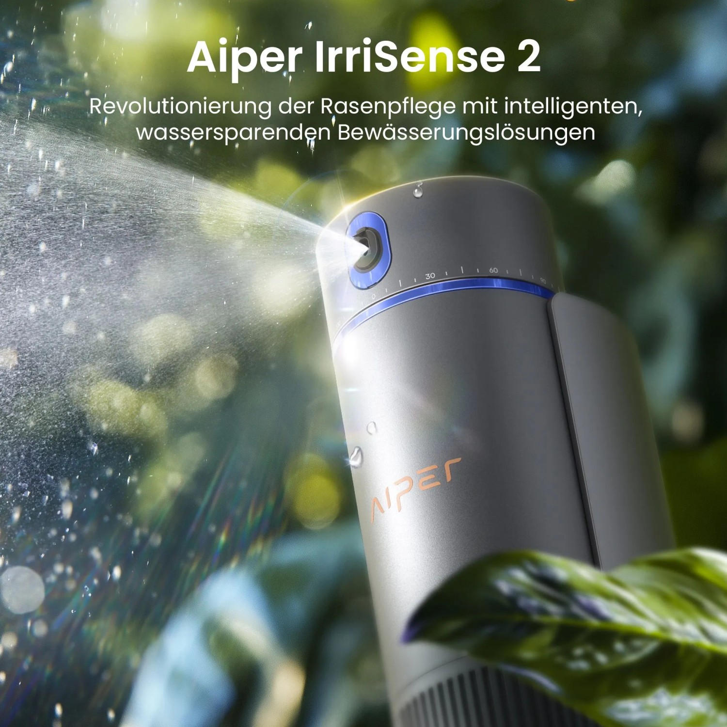 Aiper Irrisense 2 Bewässerungssystem in Aktion, intelligenter Regner für Rasenbewässerung.