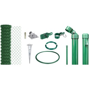 Maschendrahtzaun-Set, 80cm hoch, 15m lang, grün, mit Pfosten, Draht und Einschlaghülsen für den Garten.