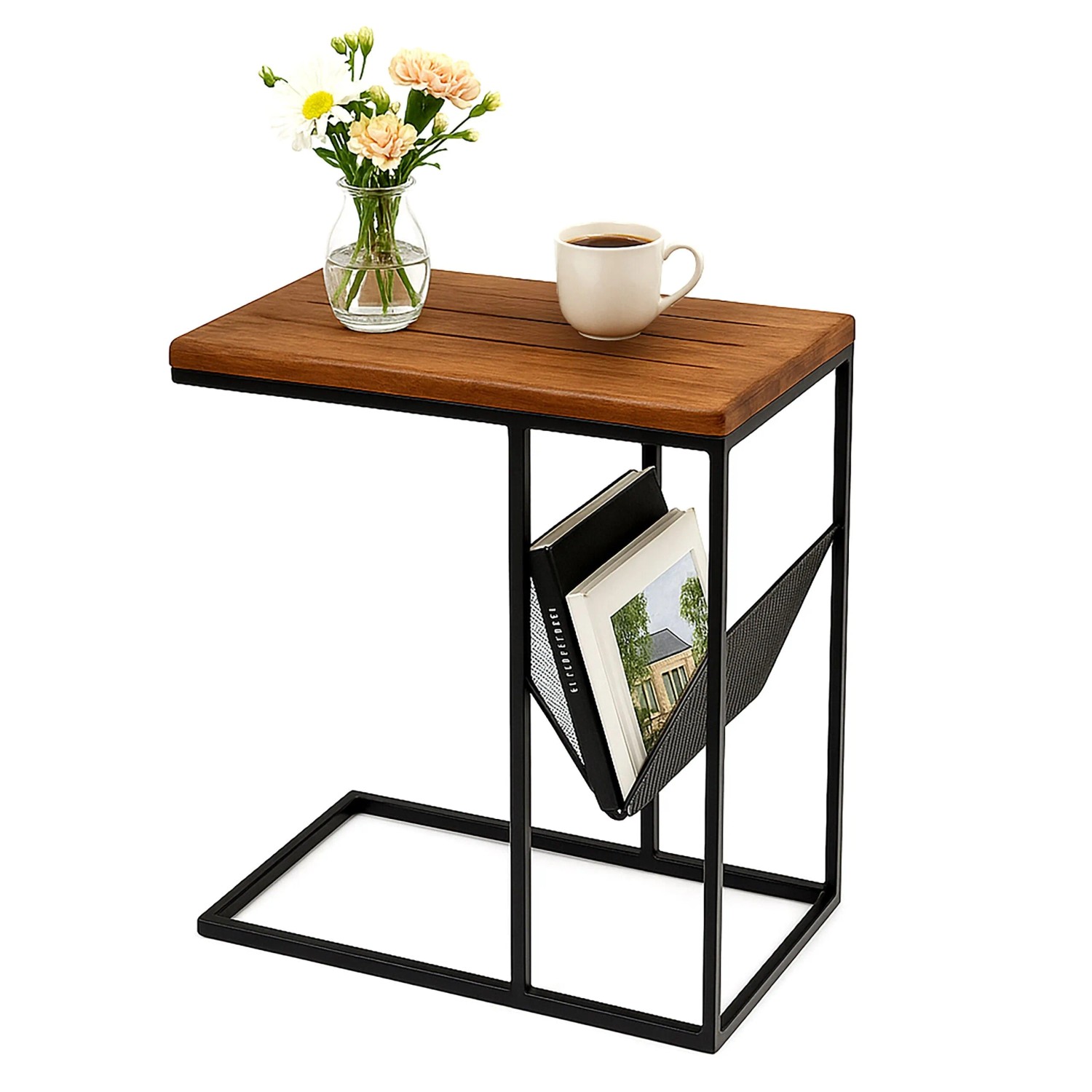 Relaxdays Beistelltisch Mangoholz Eisen Braun mit Zeitungsablage 63 cm x 30 cm x 51 cm 3,3 kg