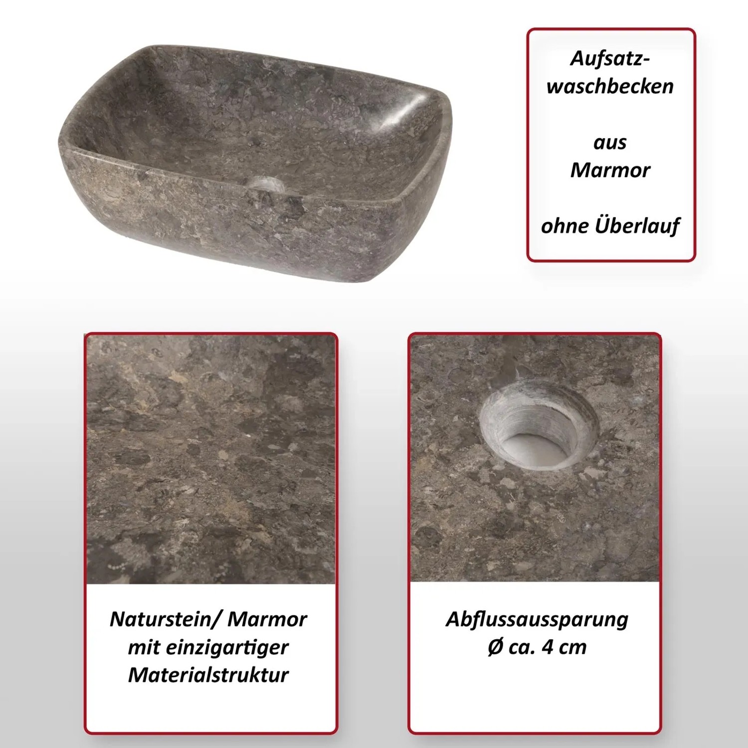 MCW Marmor-Waschbecken M77: Aufsatzwaschbecken aus Naturstein, grauer Marmor mit individueller Maserung.
