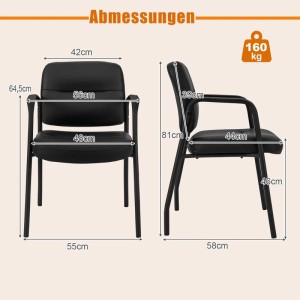 Abbildung der Maße von Costway Konferenzstühlen im 2er Set, gepolsterte Besucherstühle in Schwarz.