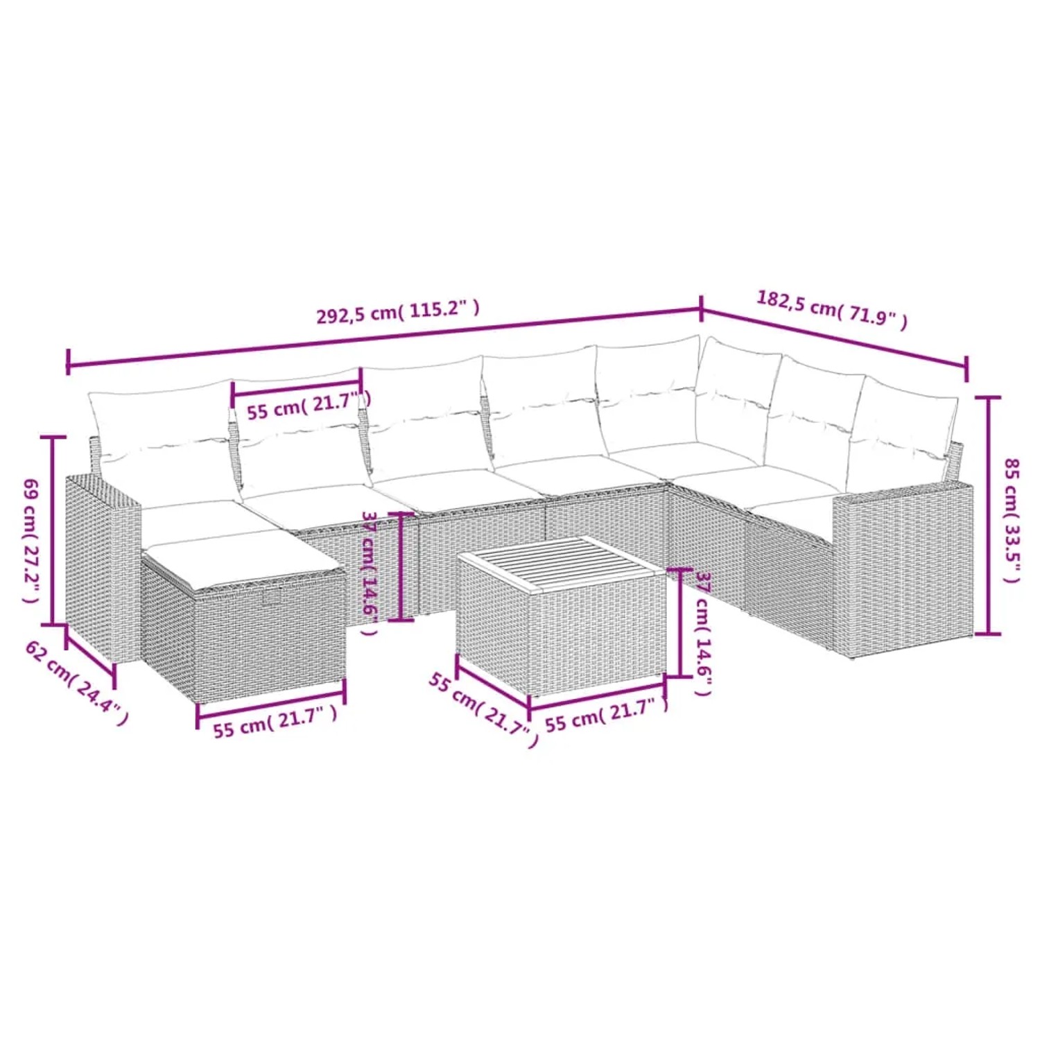 vidaXL 9-tlg. Garten-Sofagarnitur, schwarzes Poly Rattan mit Kissen. Gartenmöbel-Set mit Tisch und Sitzelementen.
