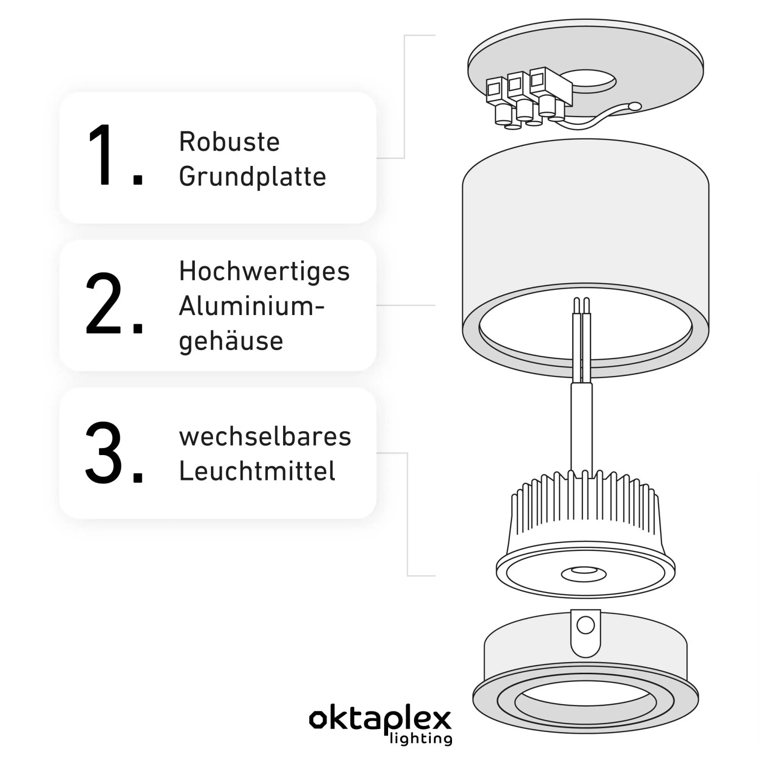 Explosionszeichnung: Oktaplex Deckenspot Lile S, 12er Set, Aluminium gebürstet, dimmbar, LED-Module.