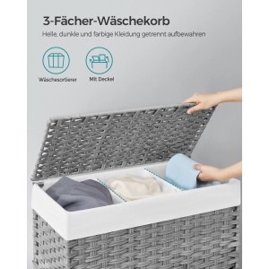 Grauer Songmics Wäschekorb mit Deckel und 3 Fächern zum Wäsche sortieren.