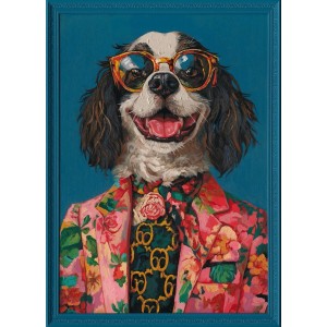Leinwandbild Art Universe Flower Dressed Jacky: Hund mit Sonnenbrille & floralem Anzug, blau gerahmt. Dekoartikel.