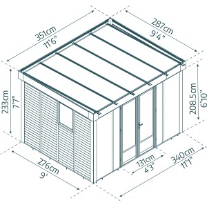 Technische Zeichnung: Palram Canopia Copenhagen Garten Studio, Maße 233x351x276 cm.