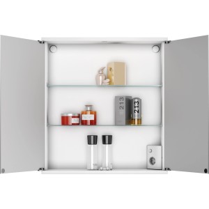 Offener Jokey Spiegelschrank Kandi ECO 60 cm mit zwei Glasböden und Badutensilien.