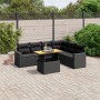 Schwarze 7-tlg. Garten-Sofagarnitur aus Poly Rattan mit Tisch und Kissen für Terrasse oder Garten.