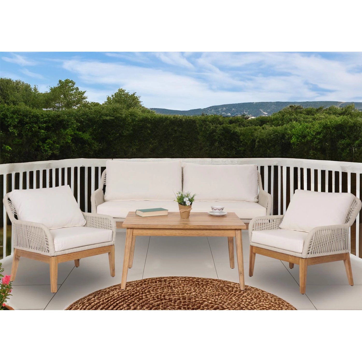 4-teilige MCW Gartengarnitur H56b in Creme mit Tisch und Akazienholz-Gestell.