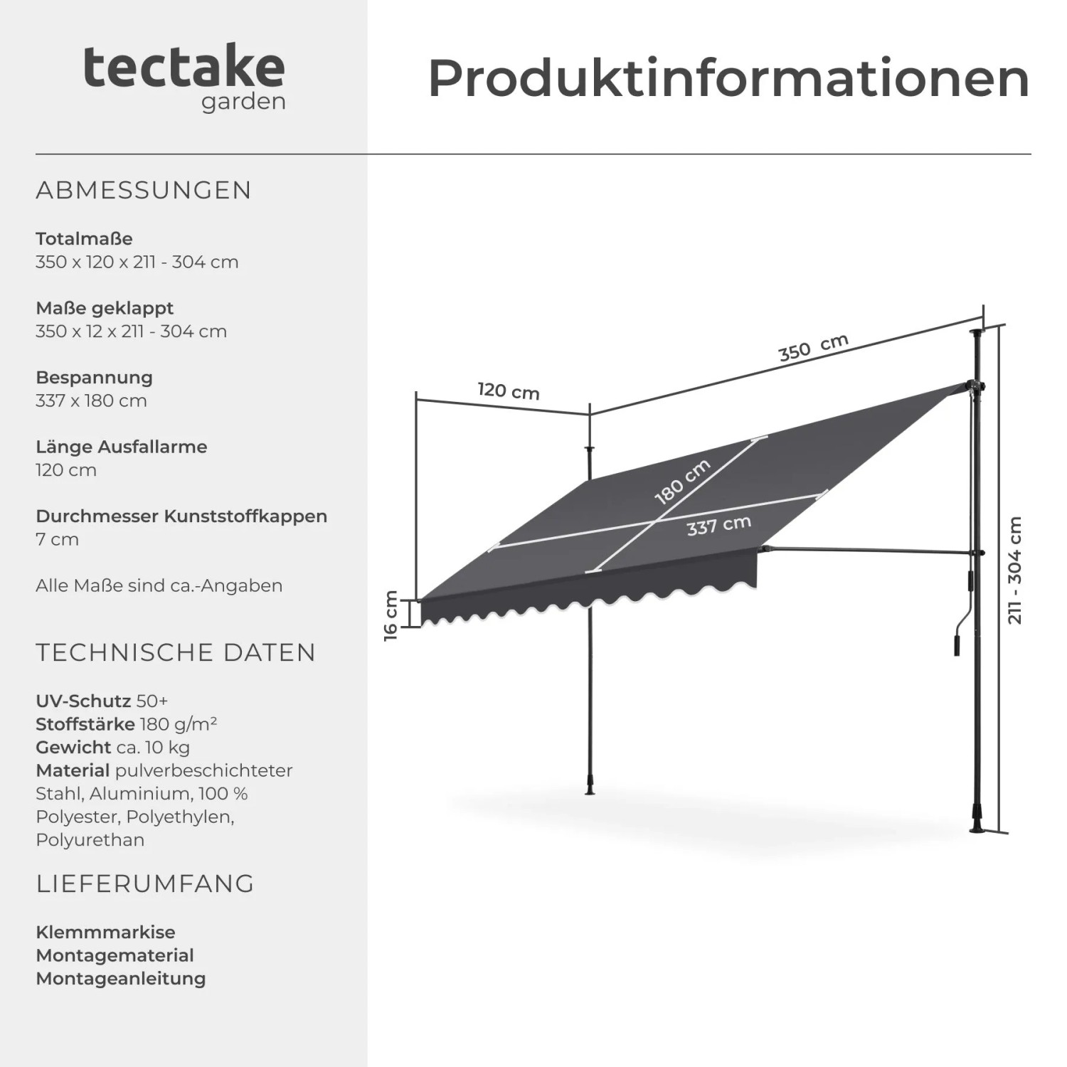 Tectake Klemmmarkise Schwarz Grau mit Handkurbel, UV-beständig. Maße 350x180cm. Ideal für Balkon & Terrasse.