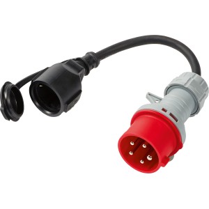 Roter 5-poliger CEE Stecker 16A auf Schutzkontaktkupplung mit Kabel.