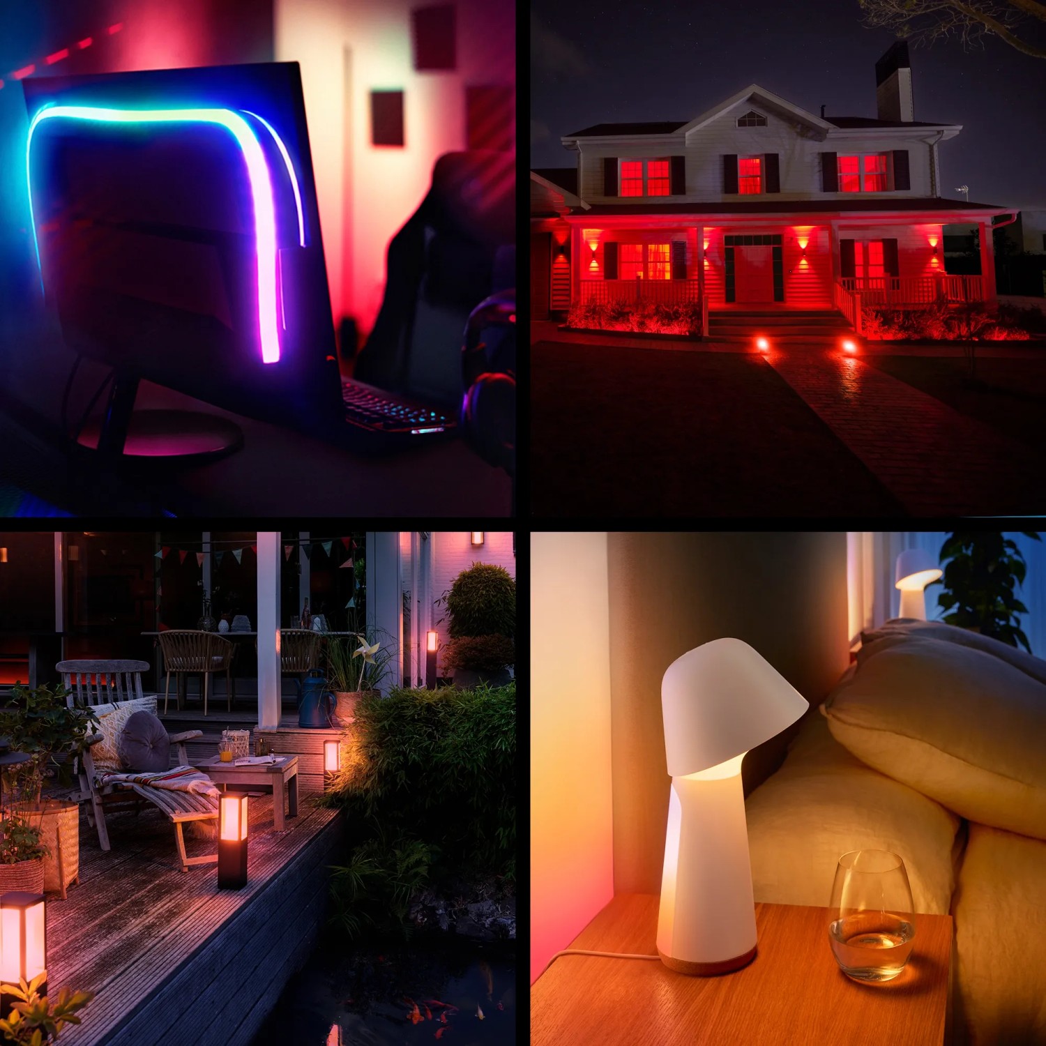 Philips Hue E27 8W Leuchtmittel 2er Set in verschiedenen Anwendungsszenarien.