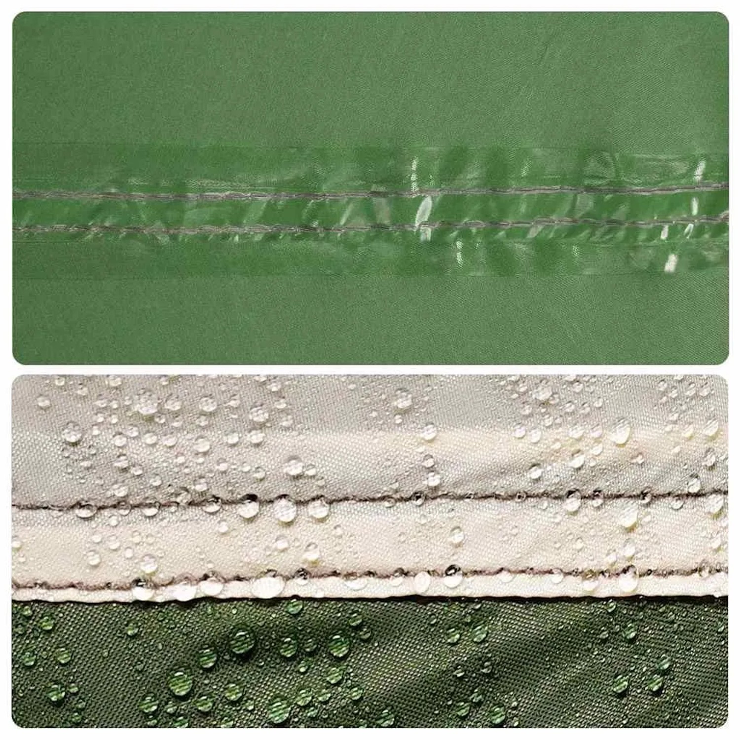 Nahaufnahme: Grün-beiges vidaXL Zeltgewebe mit versiegelter Naht und Wassertropfen, zeigt wasserabweisenden Polyester.