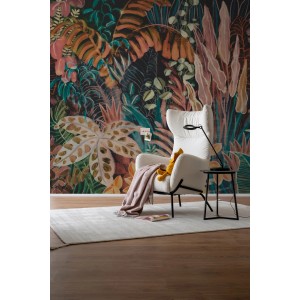 Schöner Wohnen Digitaltapete Blätter in Anthrazit-Schwarz mit tropischem Pflanzenmuster.