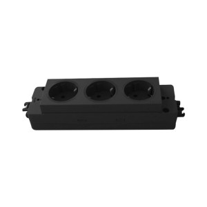 Schwarze 3-fach Steckdosenleiste mit modularen Anschlüssen. Für flexible Stromverteilung an Schreibtischen.