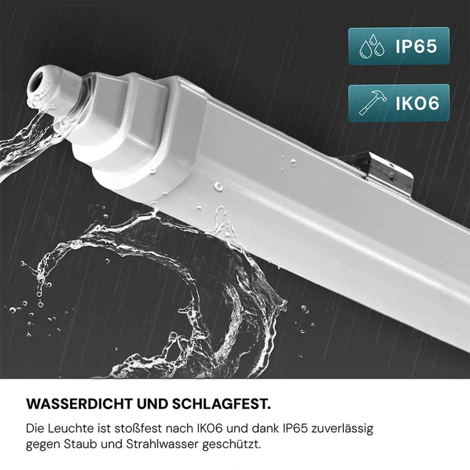 LUXULA LED Feuchtraumleuchte, 60cm, neutralweiß, IP65, IK06, mit Wasserstrahl.