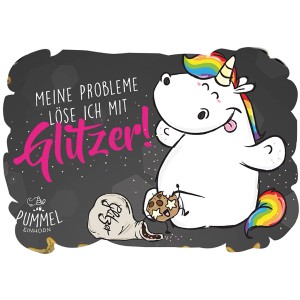 OkCars Reinigungsschwamm mit Pummeleinhorn Motiv und Glitzer-Schriftzug.