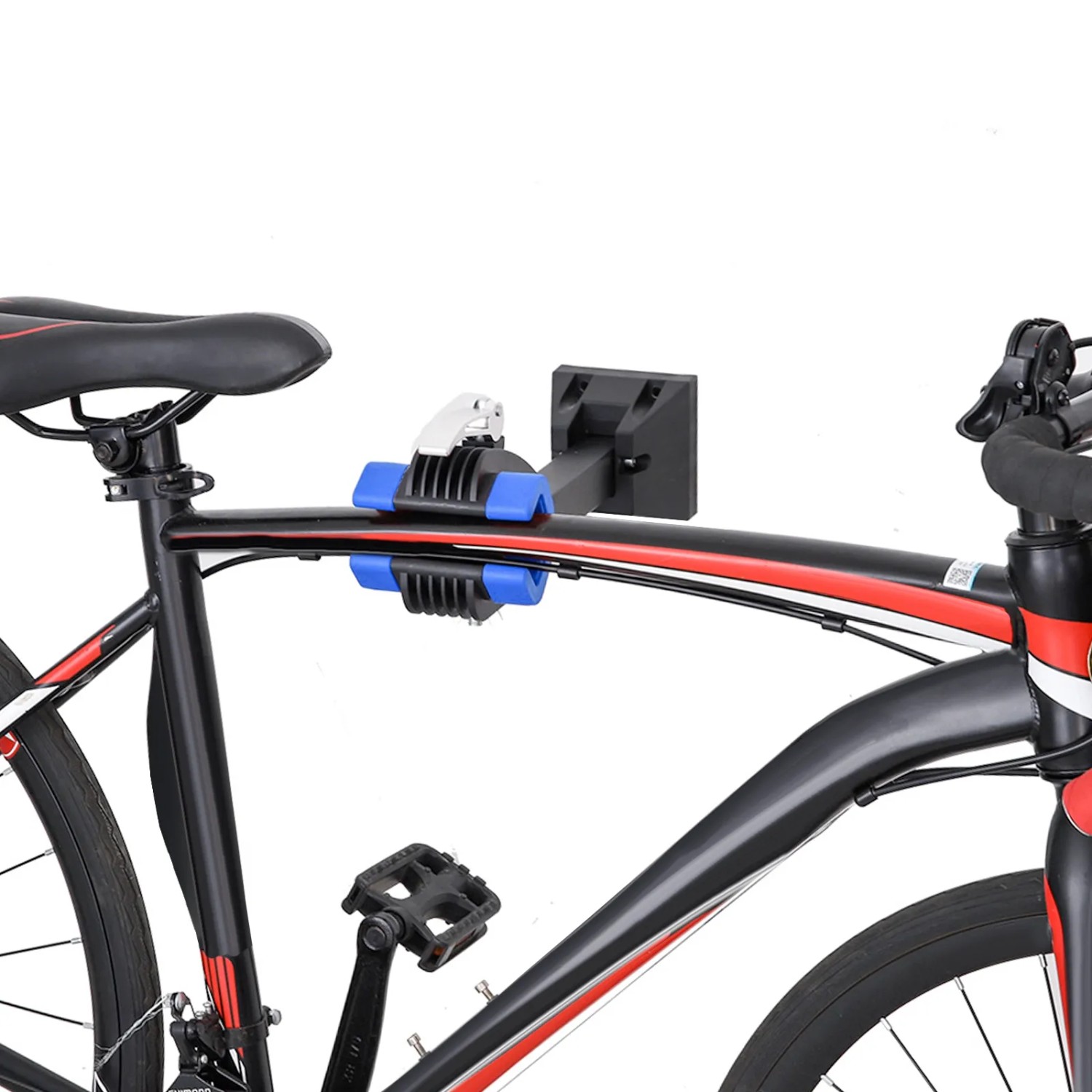 KARAT Fahrradhalterung Levin an Wand mit Fahrrad, schwarz-blaue Halterung, bis 20 kg Tragkraft.