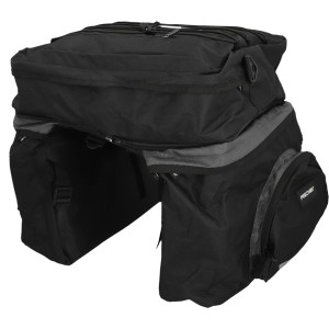 Schwarze Fischer Fahrradtasche 3-fach für Gepäckträger, mit abnehmbarer Obertasche.