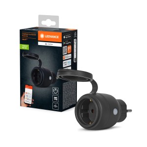 Ledvance Smart WiFi Außensteckdose, schwarz, mit EU-Stecker und Energieverbrauchskontrolle.