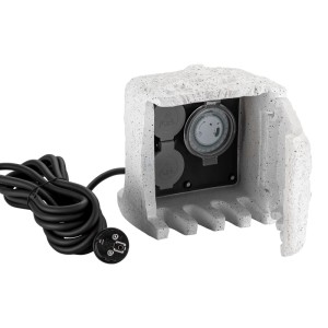 Wiltec Gartensteckdose in Steinoptik mit 2 Steckdosen, mechanischer Zeitschaltuhr und 5m Kabel für Outdoor.
