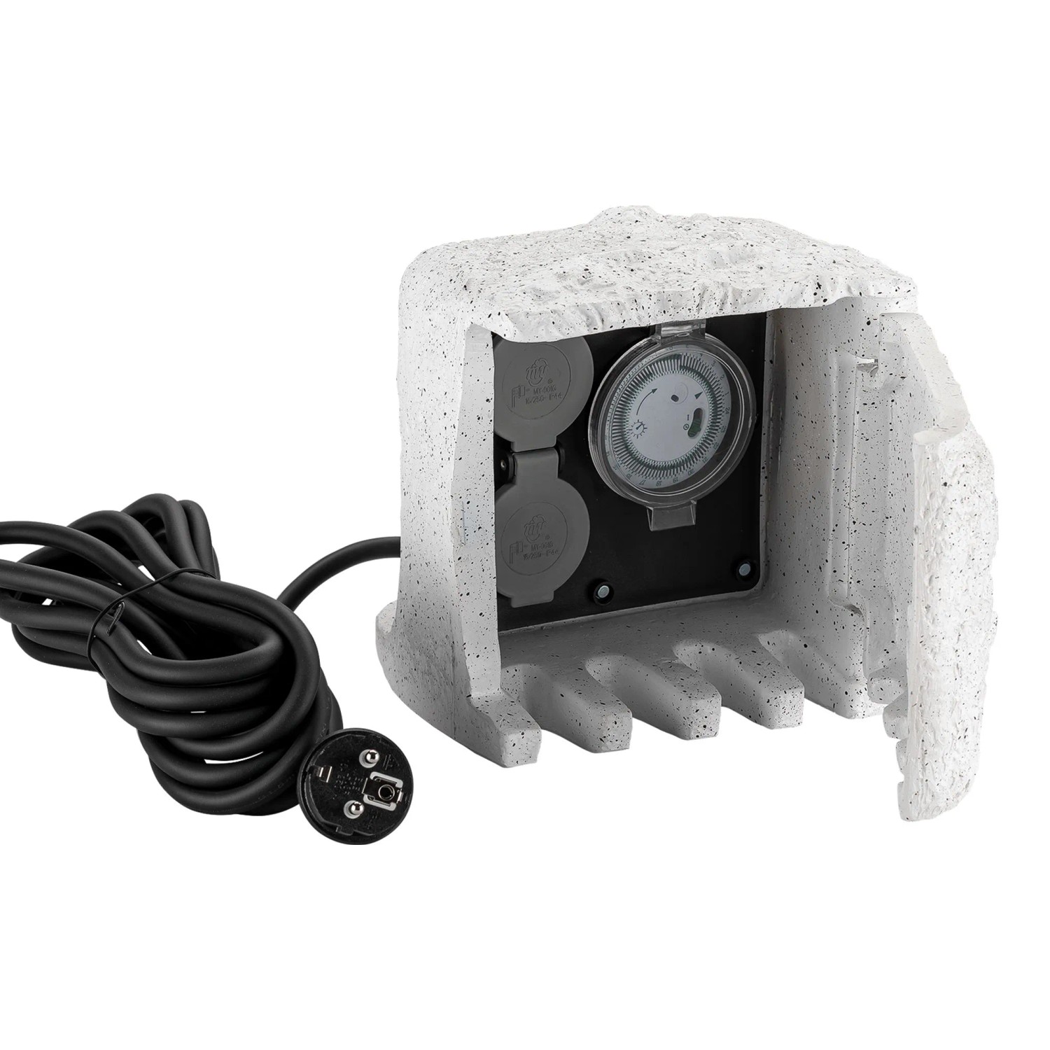 Wiltec 2-Fach Gartensteckdose Außensteckdose Steinoptik Outdoor Zeitschaltuhr 5M